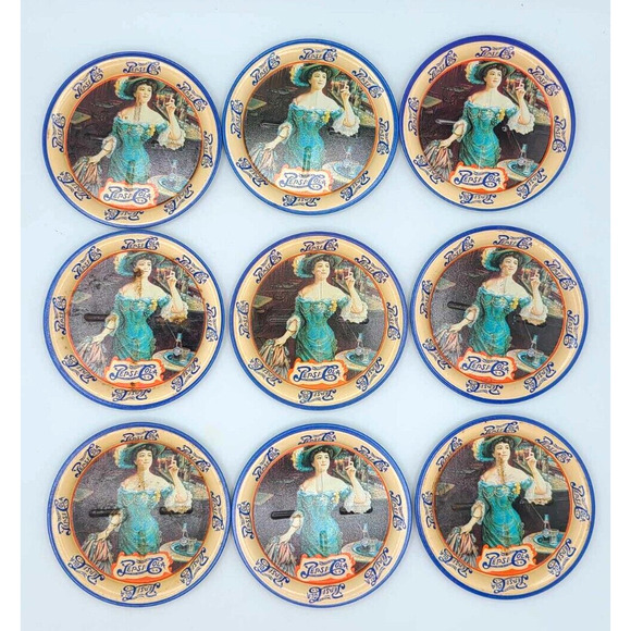 Vintage Victorian Lady Pepsi Cola Tin Coasters Set Of 9 Round 3 1/2 inch - Picture 1 of 13